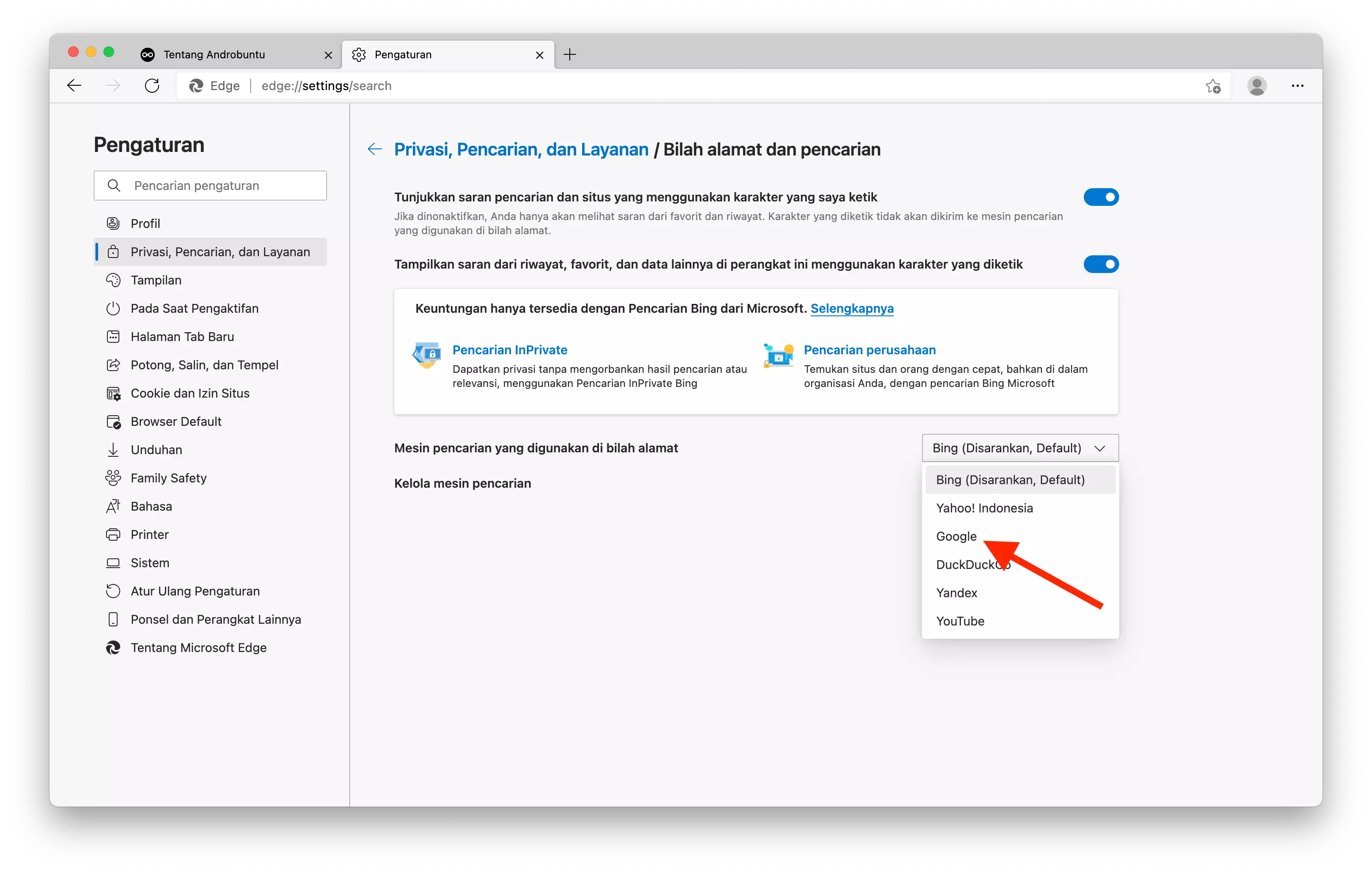 Cara Ganti Search Engine di Microsoft Edge by Androbuntu 5