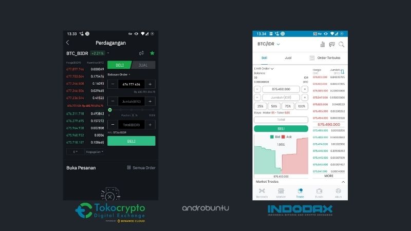 Antarmuka Aplikasi Tokocrypto dan Indodax by Androbuntu